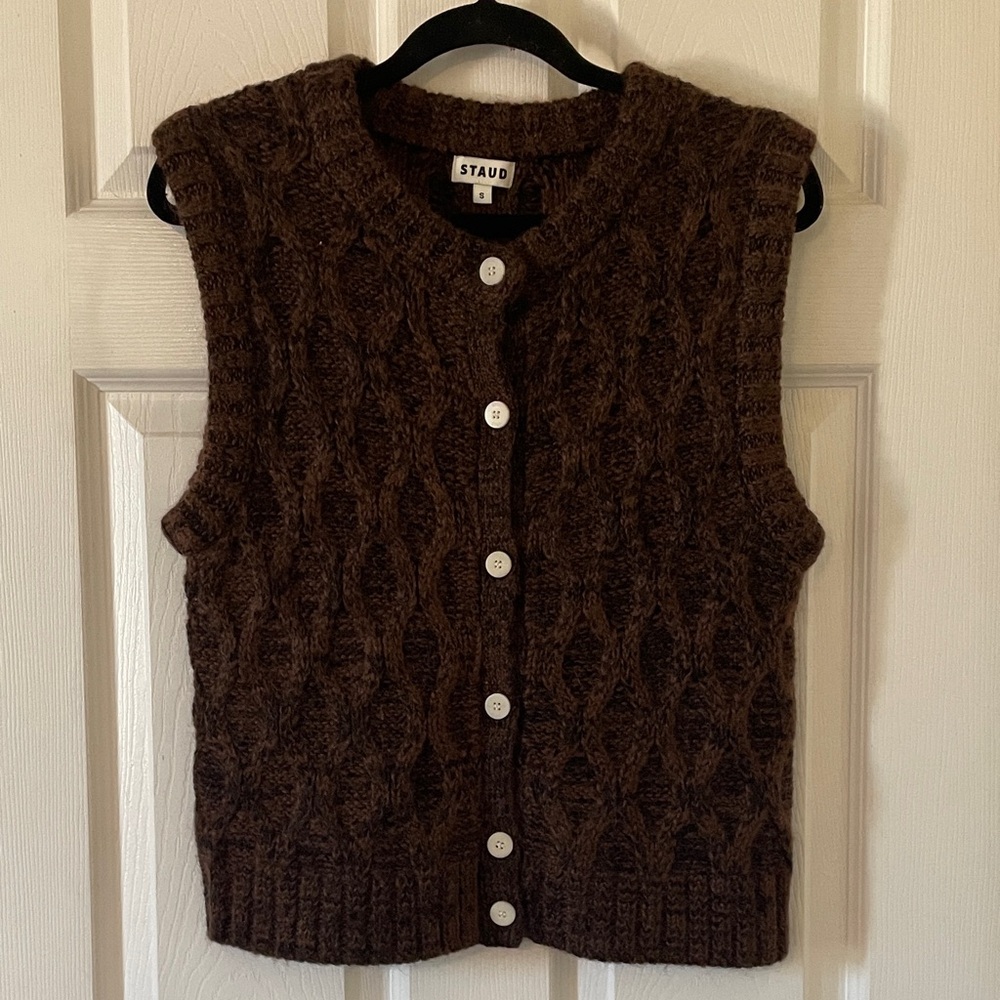 STAUD Dark Brown Cable-Knit Sleeveless Cardigan